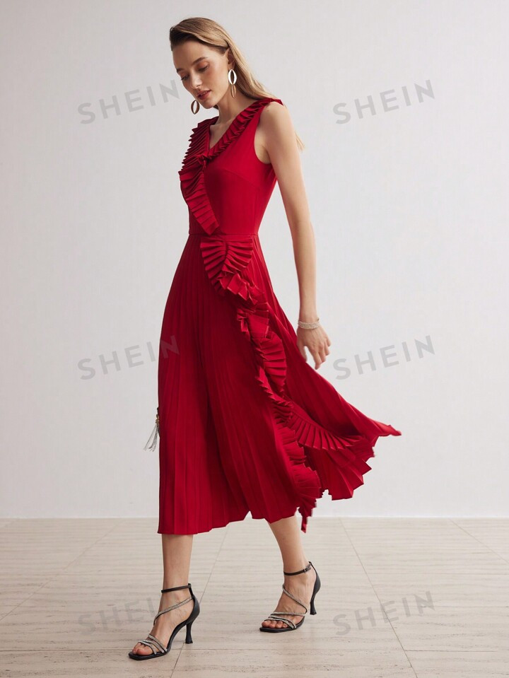 MOTF PREMIUM WOVEN SURPLICE NECK RUFFLE TRIM PLEATED DRESS | SHEIN