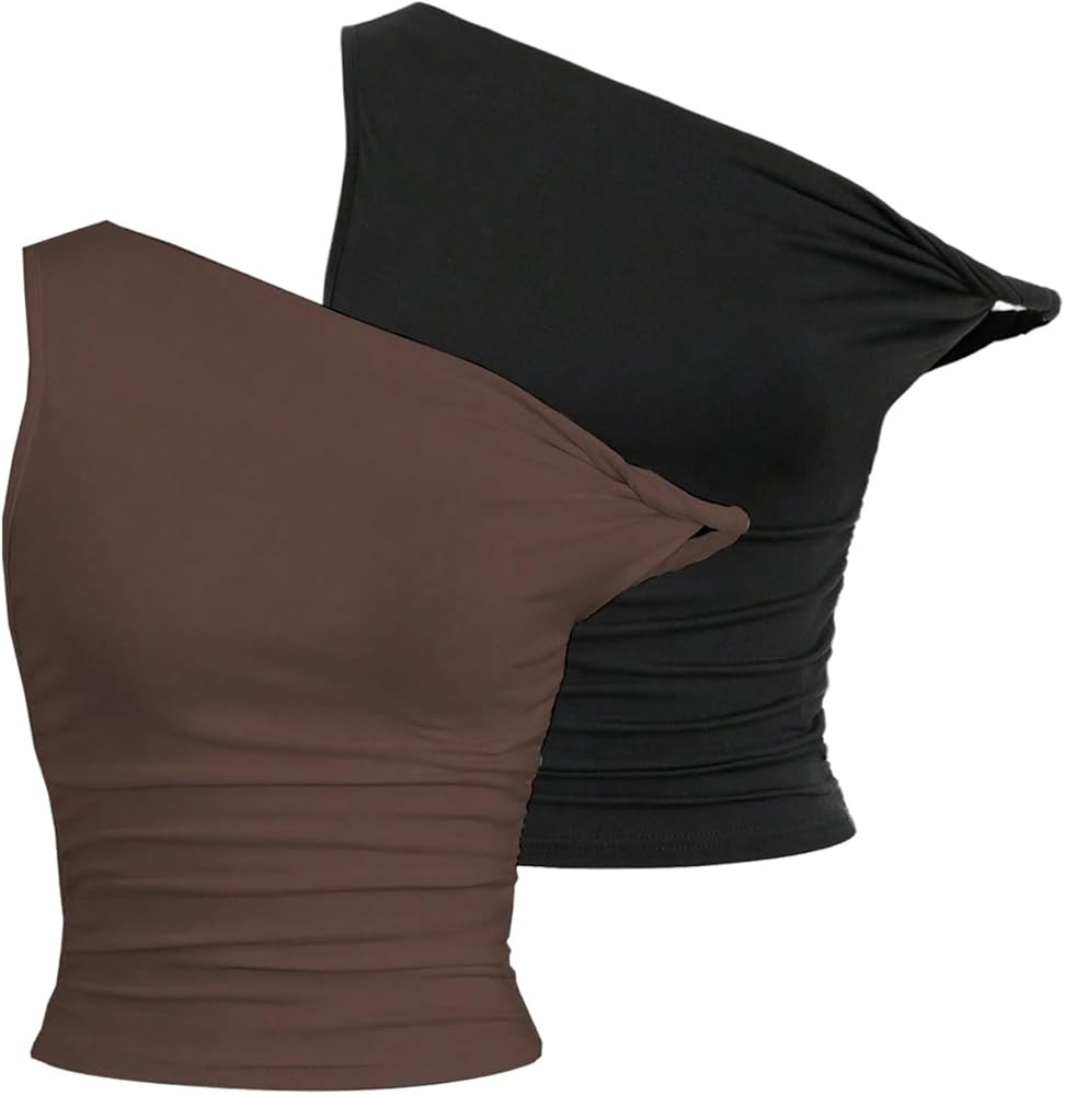 SOLY HUX Women's 2 Piece Tank Top Asymmetrical Neck Twist Ruched Sleeveless Going Out Tops | Amazon (US)