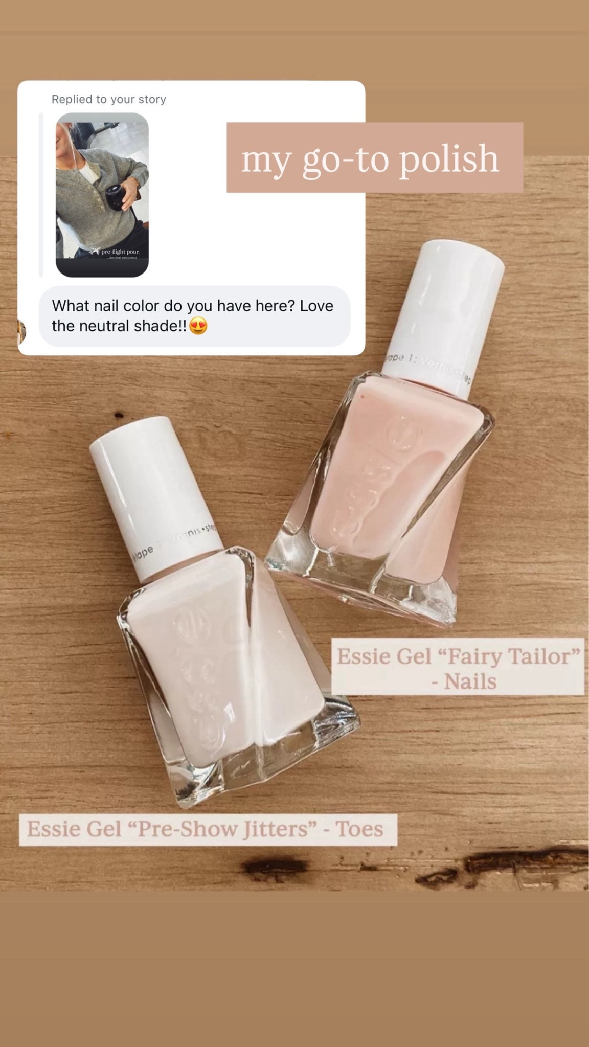 My go-to nail polish colors 
-Essie Gel “fairy tailor” for nails 
-Essie Gel “pre-show jitters” for toes

#LTKBeauty