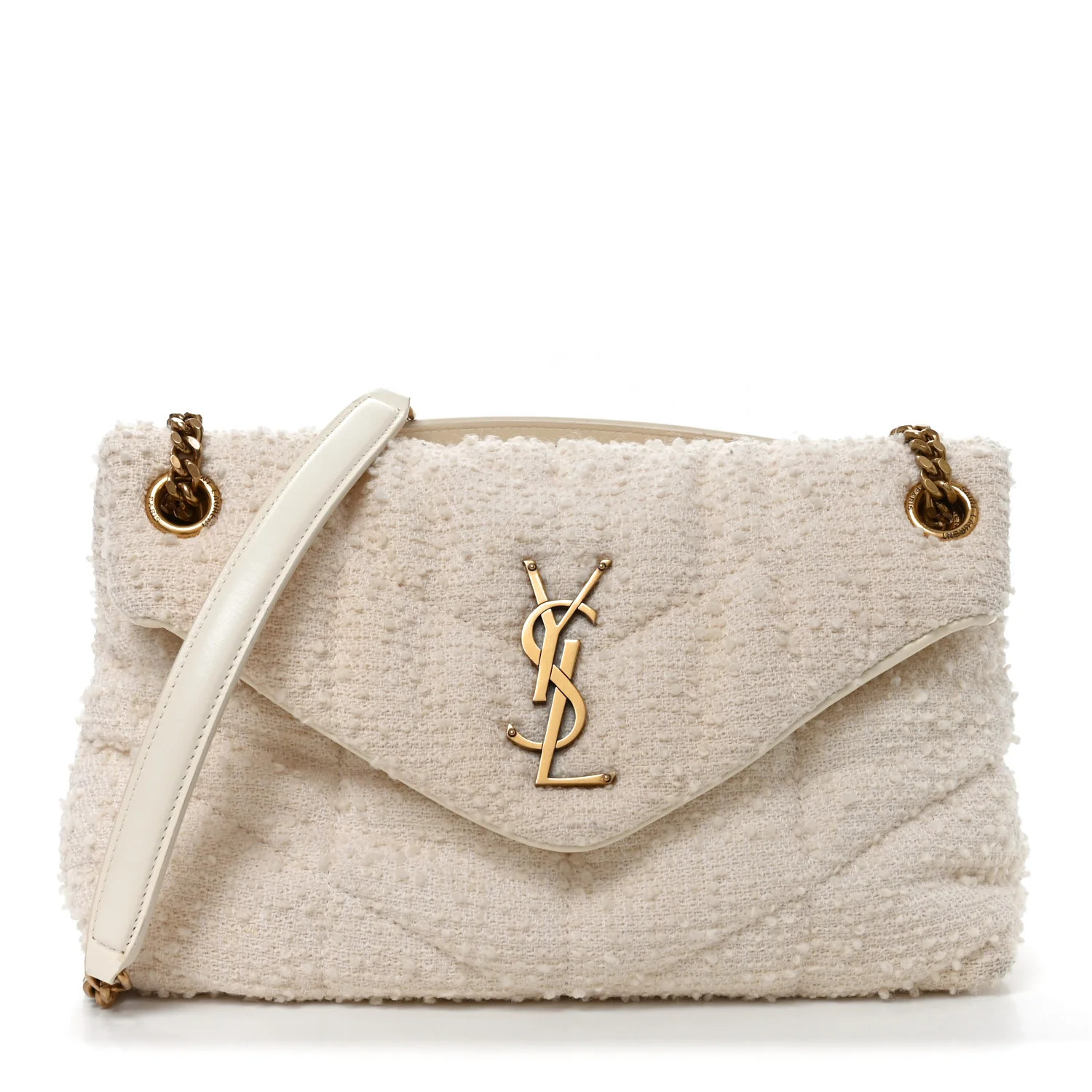 Saint Laurent Boucle Tweed Quilted Small Loulou Puffer Monogram Chain Satchel Crema Soft 1887871 | FASHIONPHILE (US)