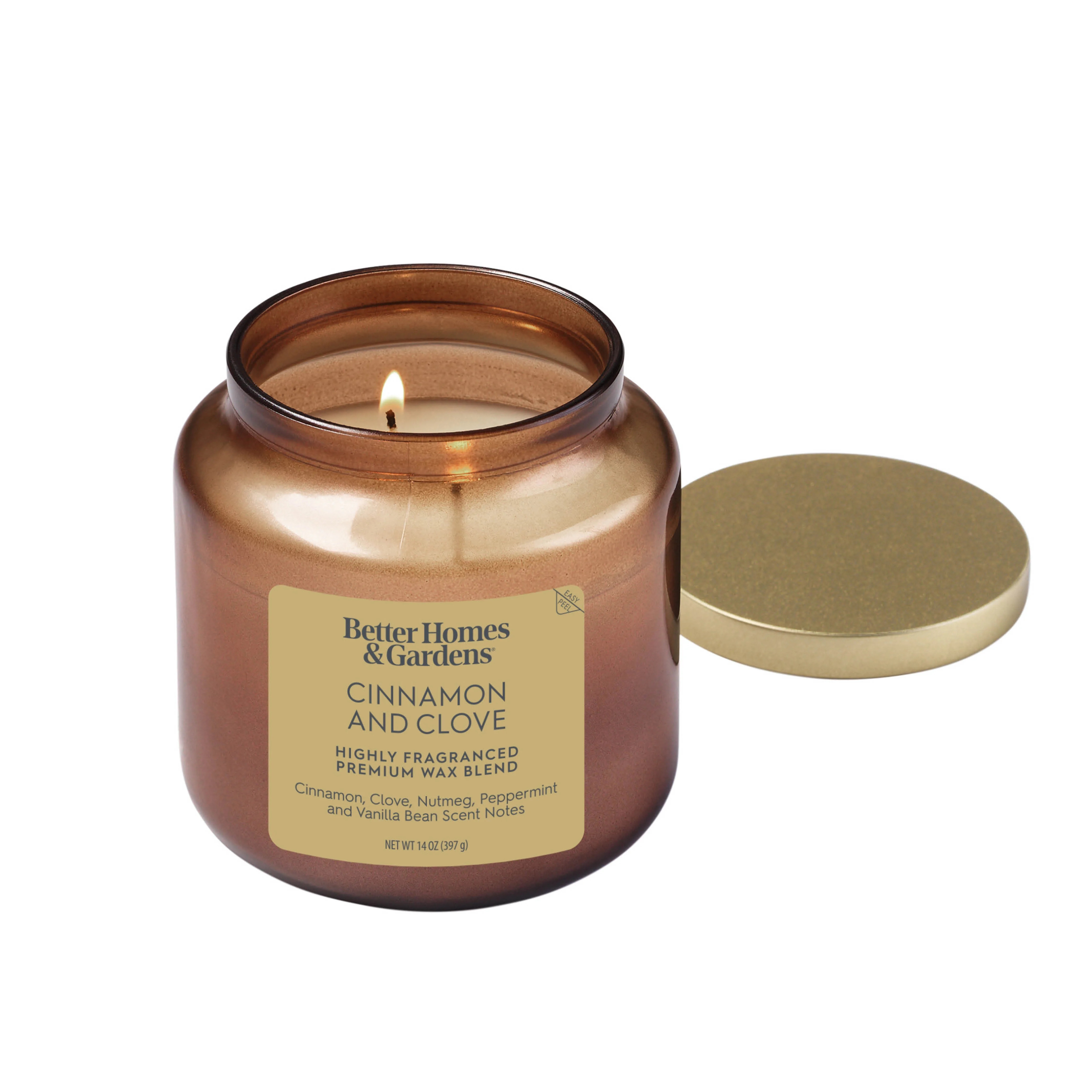 Better Homes & Gardens 2-Wick Bronze Glass Jar Candle with Gold Lid, Cinnamon & Clove, 14oz. | Walmart (US)