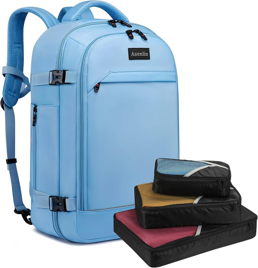 Asenlin 40L Travel Backpack for Women Men，17 Inch Laptop Backpack Flight Approved Luggage Carry On Water Resistant for Weekender Overnight Large Daypack Light Blue | Amazon (US)