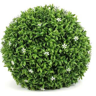 20 in. Green Artificial Boxwood Topiary Ball UV Protected Indoor/Outdoor Decoration with White Flower Pack of 1-Piece | The Home Depot