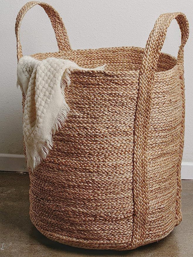 Large Woven Storage Basket Jute | 17” x 17” Tall Decorative Blanket Basket for Living Room, B... | Amazon (US)