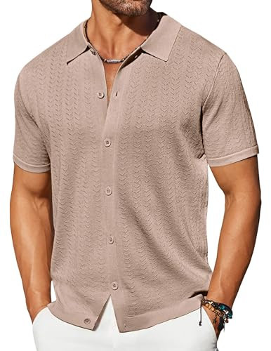 COOFANDY Men's Knit Button Up Shirt Short Sleeve Cuban Guayabera Shirts Lightweight Knitting Golf Shirts Khaki | Amazon (US)