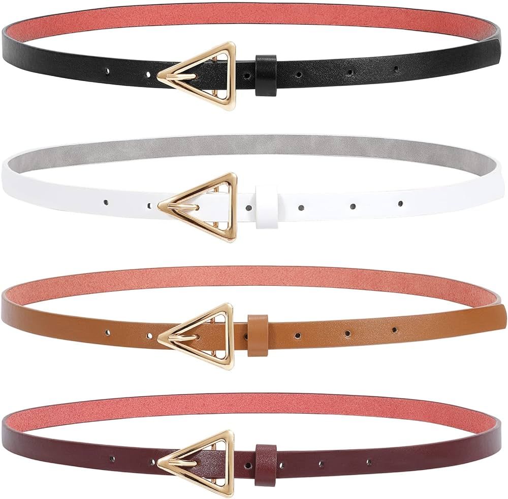 SANSTHS Skinny Belts for Women, 4 Set Thin Faux Leather Belts with Gold Double O Buckle for Jeans... | Amazon (US)