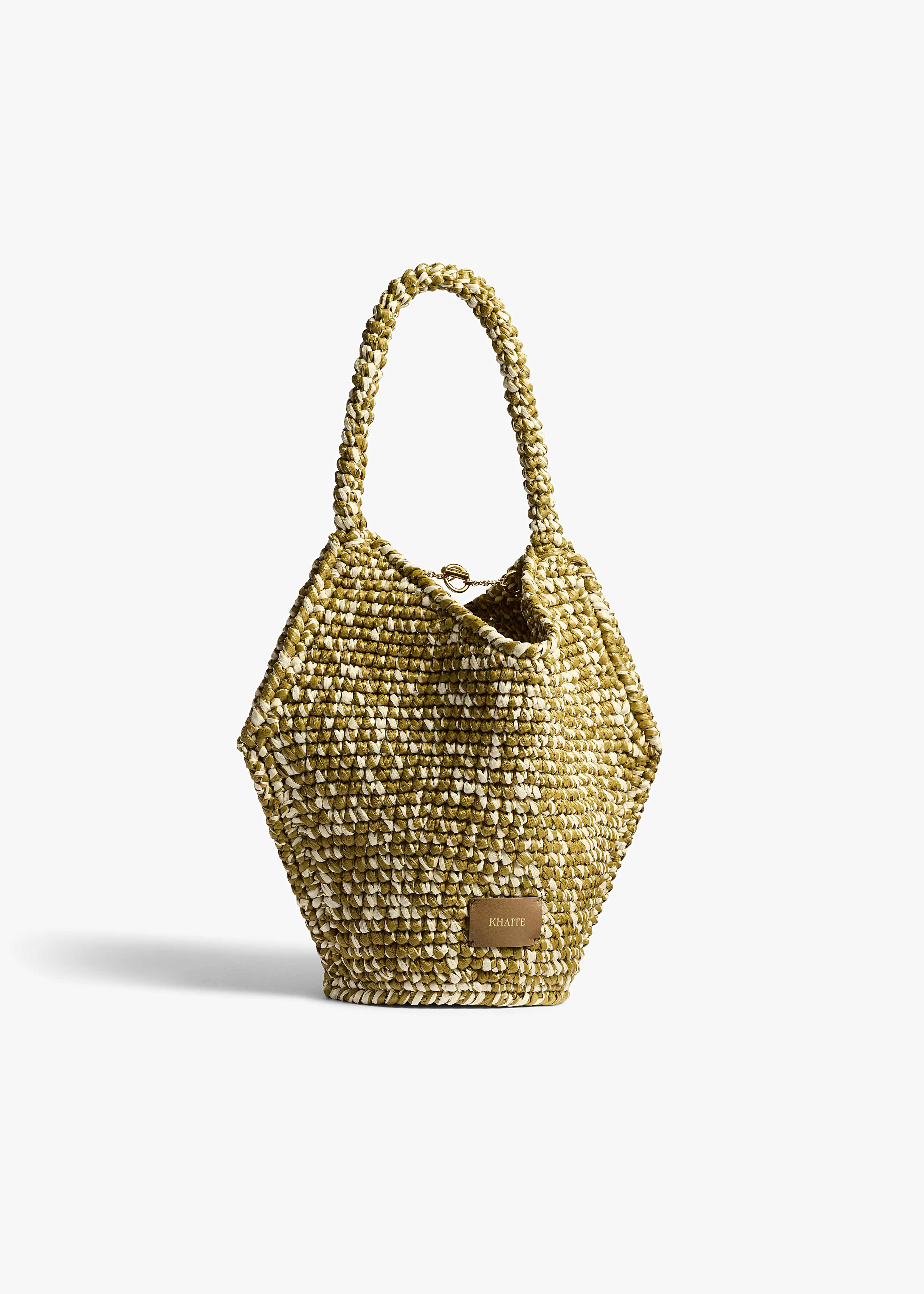 KHAITE - Mini Lotus Tote In Olive And White Raffia | Khaite
