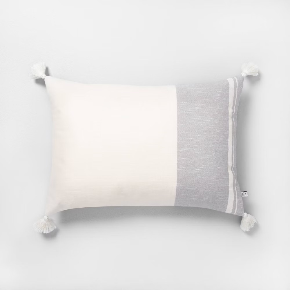 14x20 Color Blocked Stripe Tassel Throw Pillow Neutral Gray - Hearth & Hand with Magnolia | Target