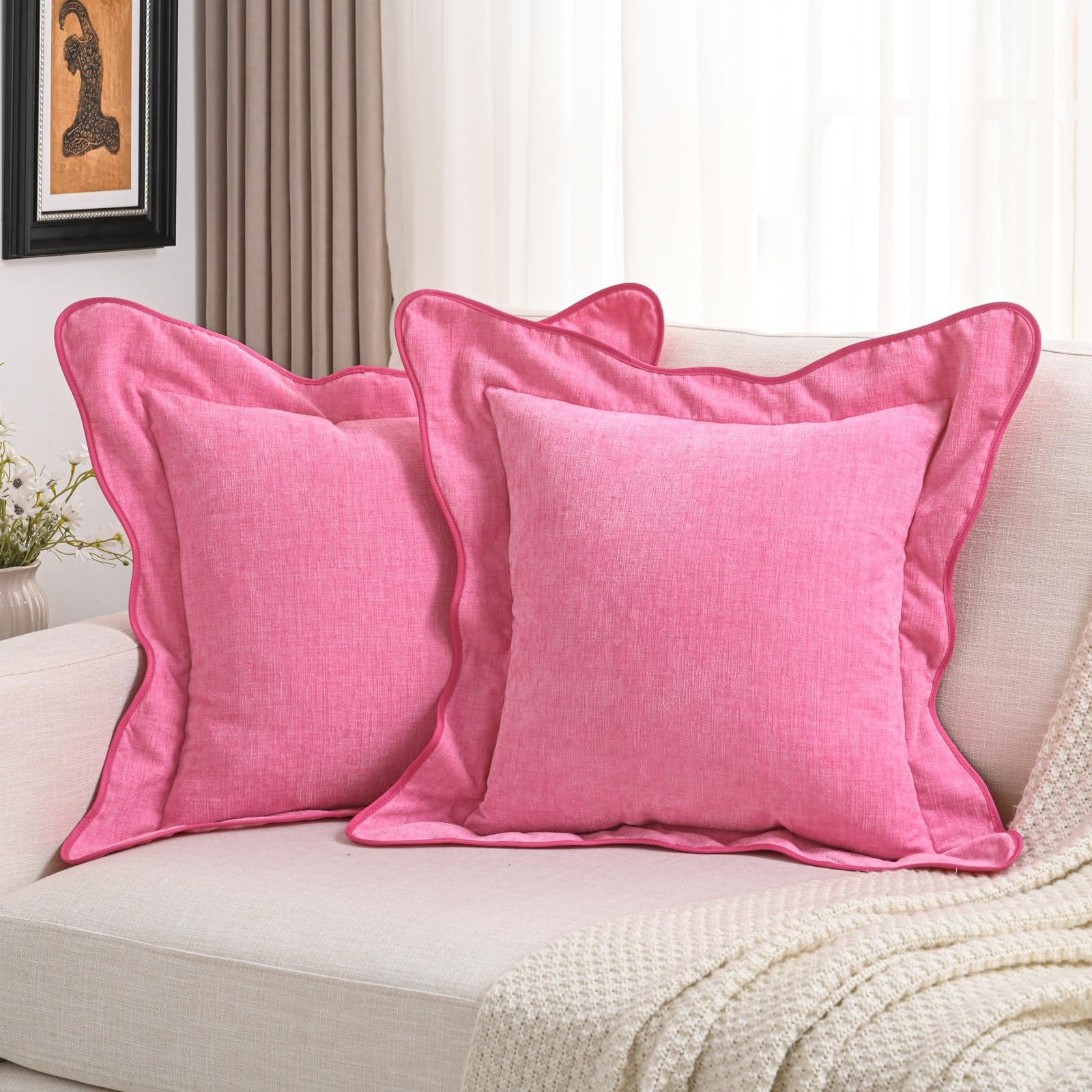 FUTEI Soft Cozy Hot Pink Chenille Decorative Throw Pillow Covers 18x18 Inch Set of 2,Double Stitc... | Amazon (US)