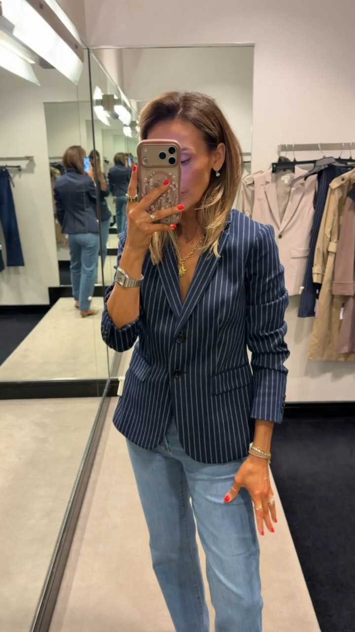 This navy pinstripe blazer is a little more thick and works with the matching pants or denim

#LTKootd #LTKWorkwear #LTKSaleAlert