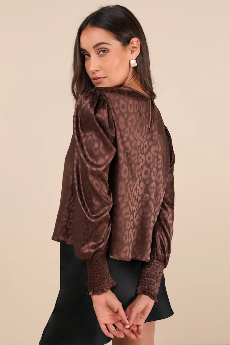 Fierce Outfit Dark Brown Satin Jacquard Long Sleeve Top | Lulus