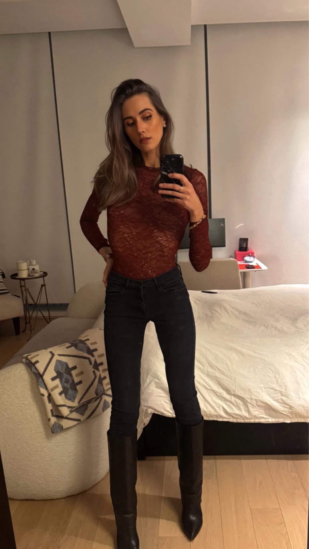 Red lace (a little see through) bodysuit and different jeans 👀😍 it opens at the bottom ladies so you don’t have to fully undress to the bathroom iykyk with bodysuits! 

#LTKHoliday #LTKPetite #LTKootd