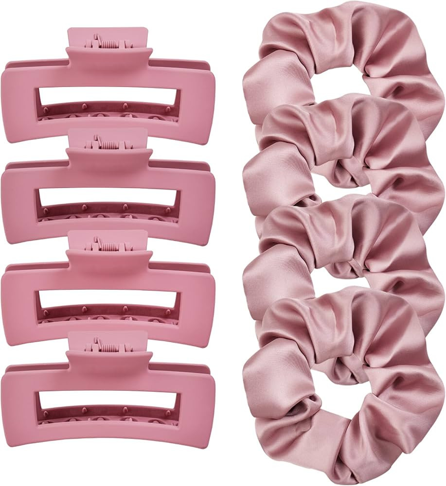 8 Pcs Pink Claw Clips and Hair Scrunchies Set – Square Hair Clips for Women, Medium Non-Slip Ma... | Amazon (US)