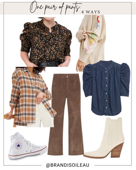 One pair of brown corduroy pants styled 4 ways. Flannel oversized shirt, puff sleeve tops, cozy sweatshirt, converse high tops, off white booties 

#LTKunder100 #LTKstyletip #LTKSeasonal