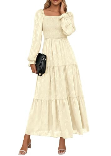 PRETTYGARDEN Fall Wedding Guest Dresses for Women 2025 Floral Long Sleeve Smocked Tiered Elegant Long Flowy Boho Dress (Beige,Medium) | Amazon (US)