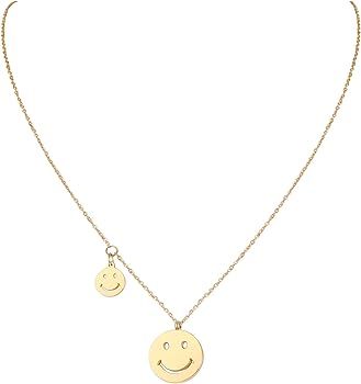 DIB Stainless Steel Round Pendant Smiley Face Necklace Gold Simple Love With Extension Chain Fema... | Amazon (US)