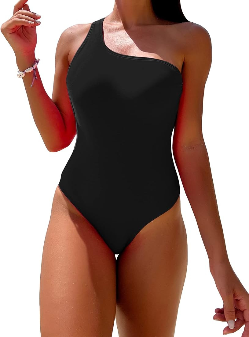 MakeMeChic Women's One Shoulder Tie Back Cut Out One Piece Swimsuit Bathing Suit | Amazon (US)