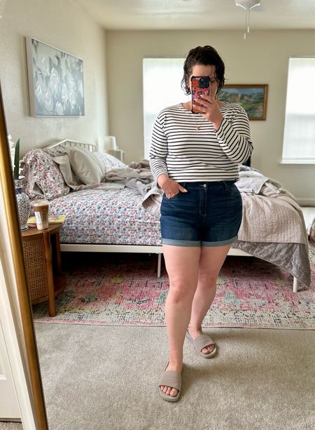 Easy to wear summer outfit - wearing a size 12 in shorts & medium in the top - denim shorts - boatneck top - summer outfit - midsize style - 

#LTKStyleTip #LTKMidsize