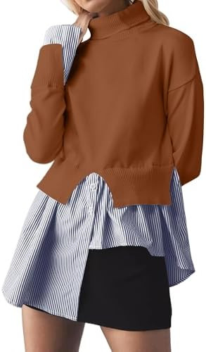 Women Asymmetrical Patchwork Sweaters Slit Turtleneck Pullover Sweater Dress 2 in 1 Sweater Shirt... | Amazon (US)