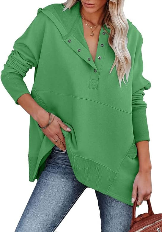 BETTE BOUTIK Womens Casual Button V Neck Hoodies Oversized Pullover Sweatshirt Hooded Tops with P... | Amazon (CA)