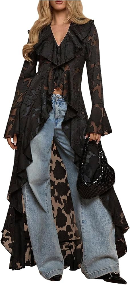 WDIRARA Women's Floral Lace Tie Front Blouse Long Bell Sleeve V Neck Ruffle Tops High Low Shirts | Amazon (US)