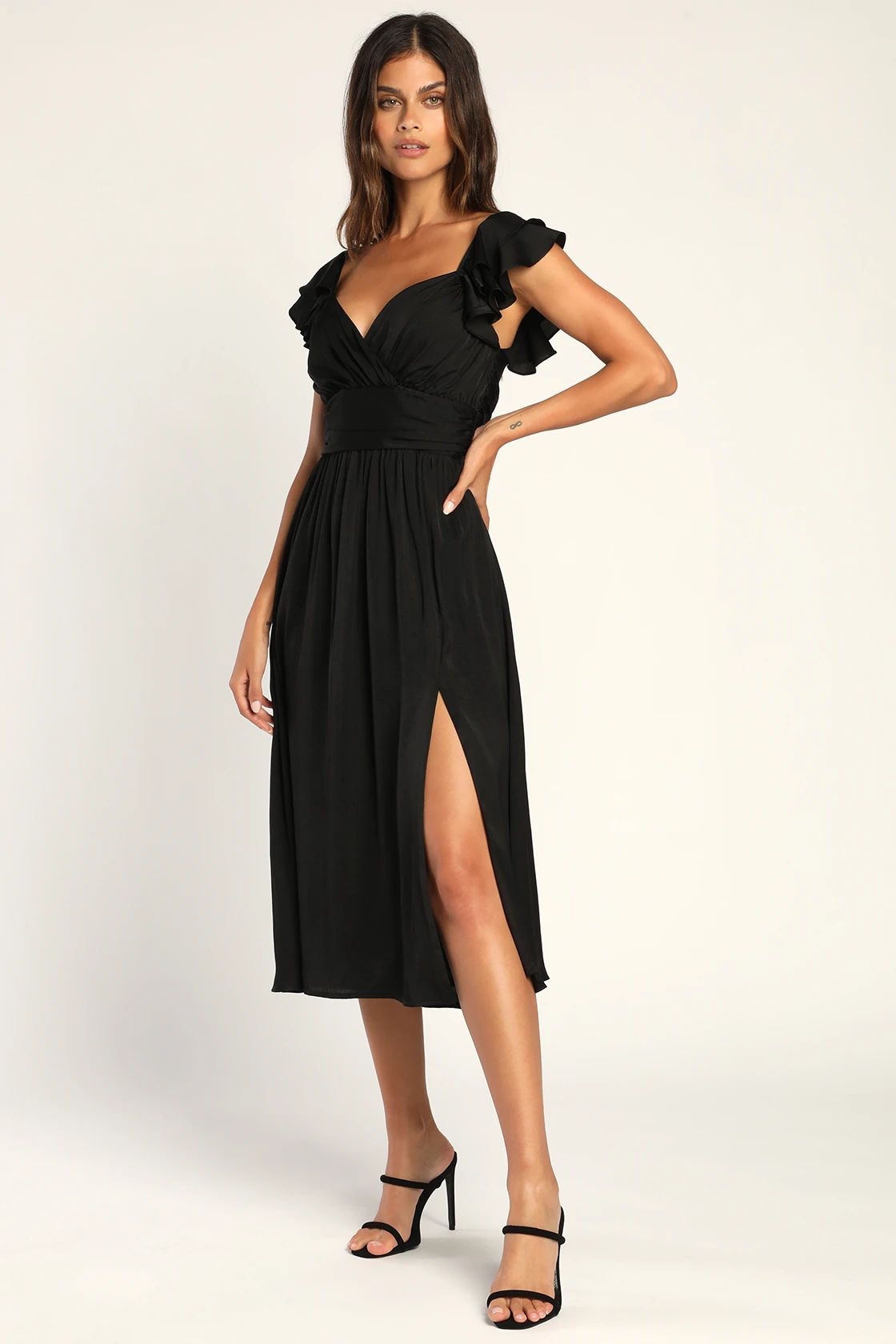 Regal Ruffles Black Satin Flutter Sleeve Midi Dress | Lulus (US)