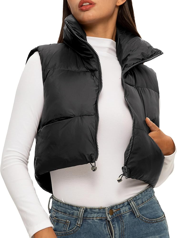 ELLEVEN Women's Cropped Puffer Vest with Pockets, High Stand Collar Crop Outerwear Lightweight Pa... | Amazon (US)