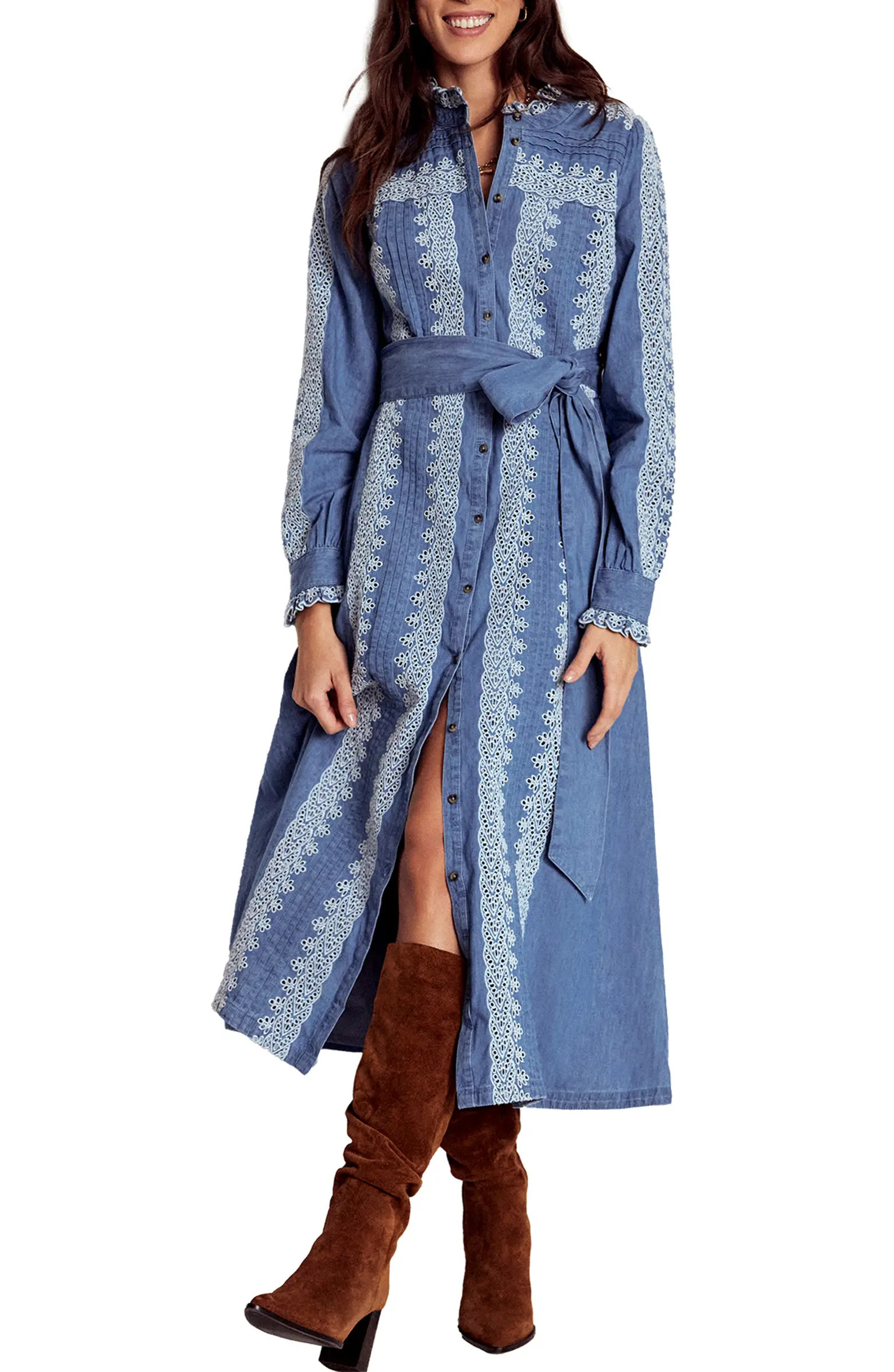 Ruffle Embroidered Long Sleeve Chambray Shirtdress | Nordstrom