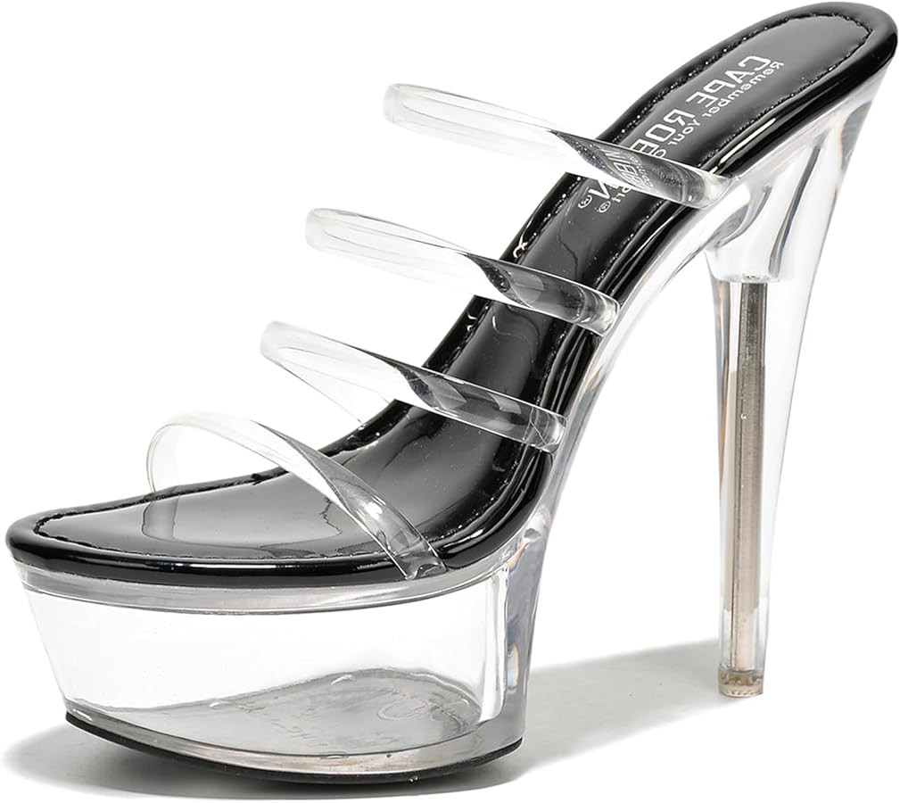 Women's Clear Strappy Stiletto Heels - Nude Platform Sandals with Ankle Strap | Pleaser (Kim) | Amazon (US)
