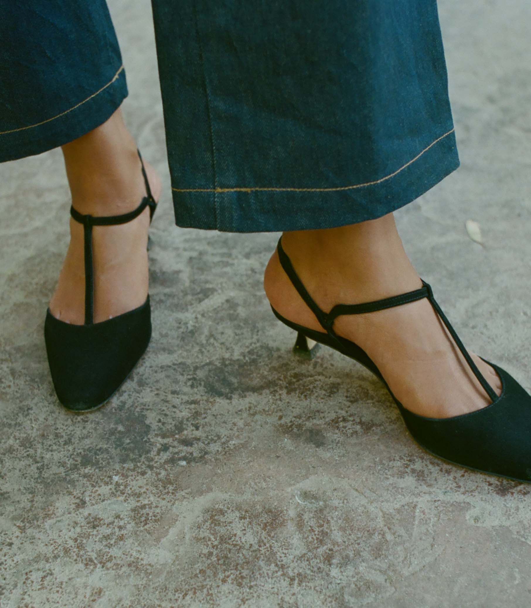 Tabitha T Strap Heel - Black Suede | DÔEN | DOEN