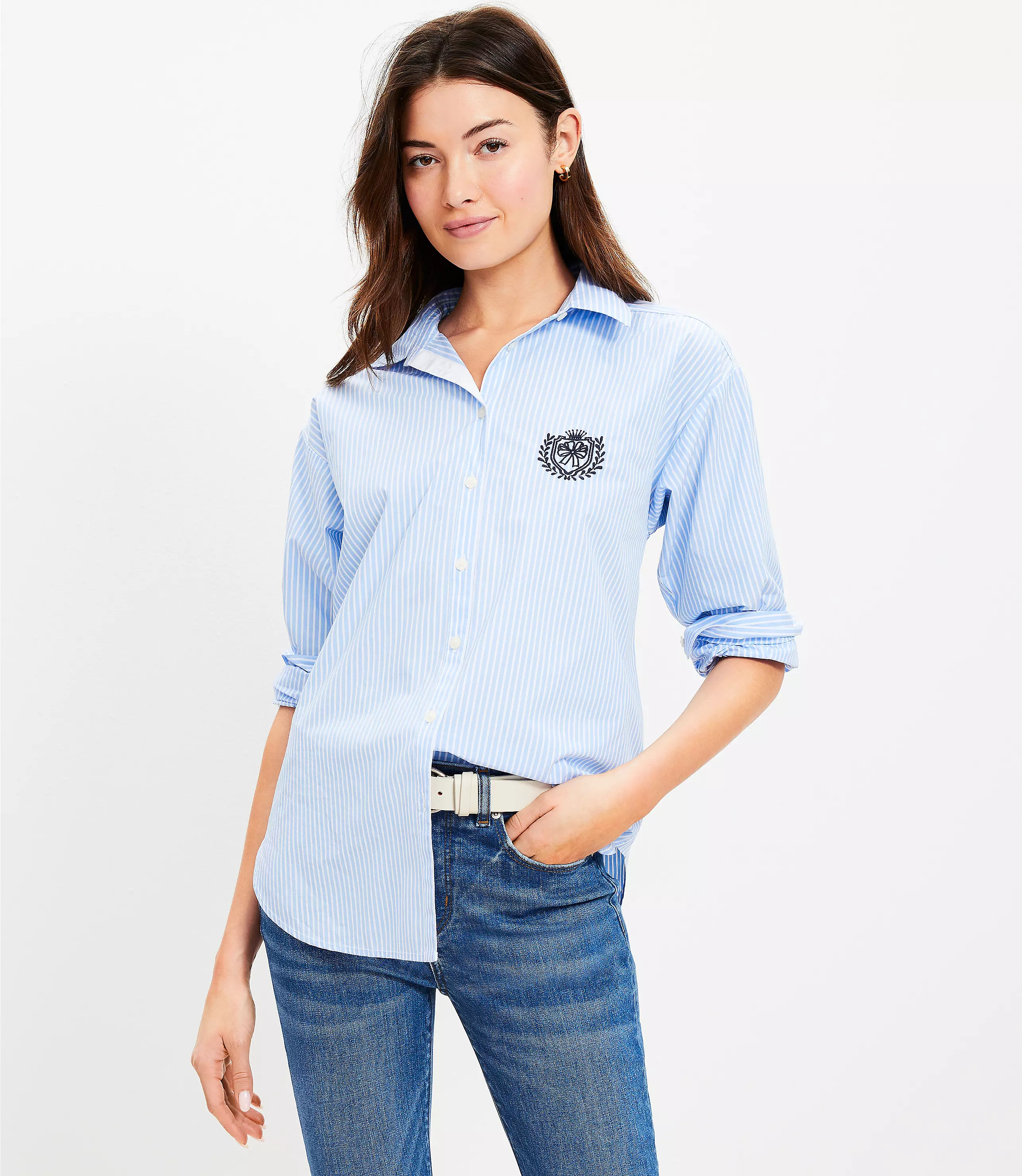 Striped Poplin Crest Everyday Oversized Shirt | LOFT