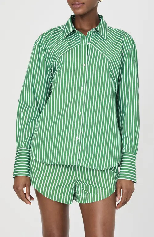 French Connection Alexis Stripe Oversize Crossover Cotton Button-Up Shirt in Green Summer White at Nordstrom, Size X-Small | Nordstrom