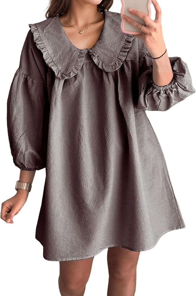 Women Y2k Plaid Babydoll Mini Dress Lapel Doll Collar 3/4 Puff Sleeve Mini Dress Gingham Print Ru... | Amazon (US)