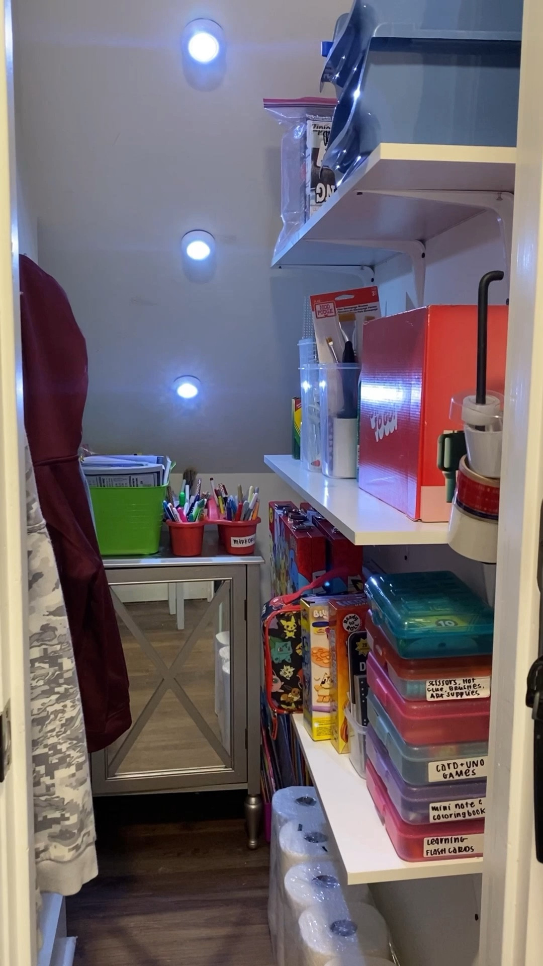 Maximizing our space - awkward closet edition. We’ve used this space as a “junk drawer” of sorts for all the things since moving and I’m finally attempting to get it organized. The angled ceiling and narrowness make it a little difficult to utilize, but it’s PERFECT for our kiddos! Here’s a few things that fit easily on the narrow shelving & (finally!) found homes in the organization bins: 

- Board games and cards  
- Kids arts and crafts 
- Art boxes (stack and organize easily) 
- “Homework holders” for the kiddos 
- Kids jackets and sweatshirts 

Rounding up all the essentials for the space here! 

#LTKHome #LTKSaleAlert #LTKFindsUnder100