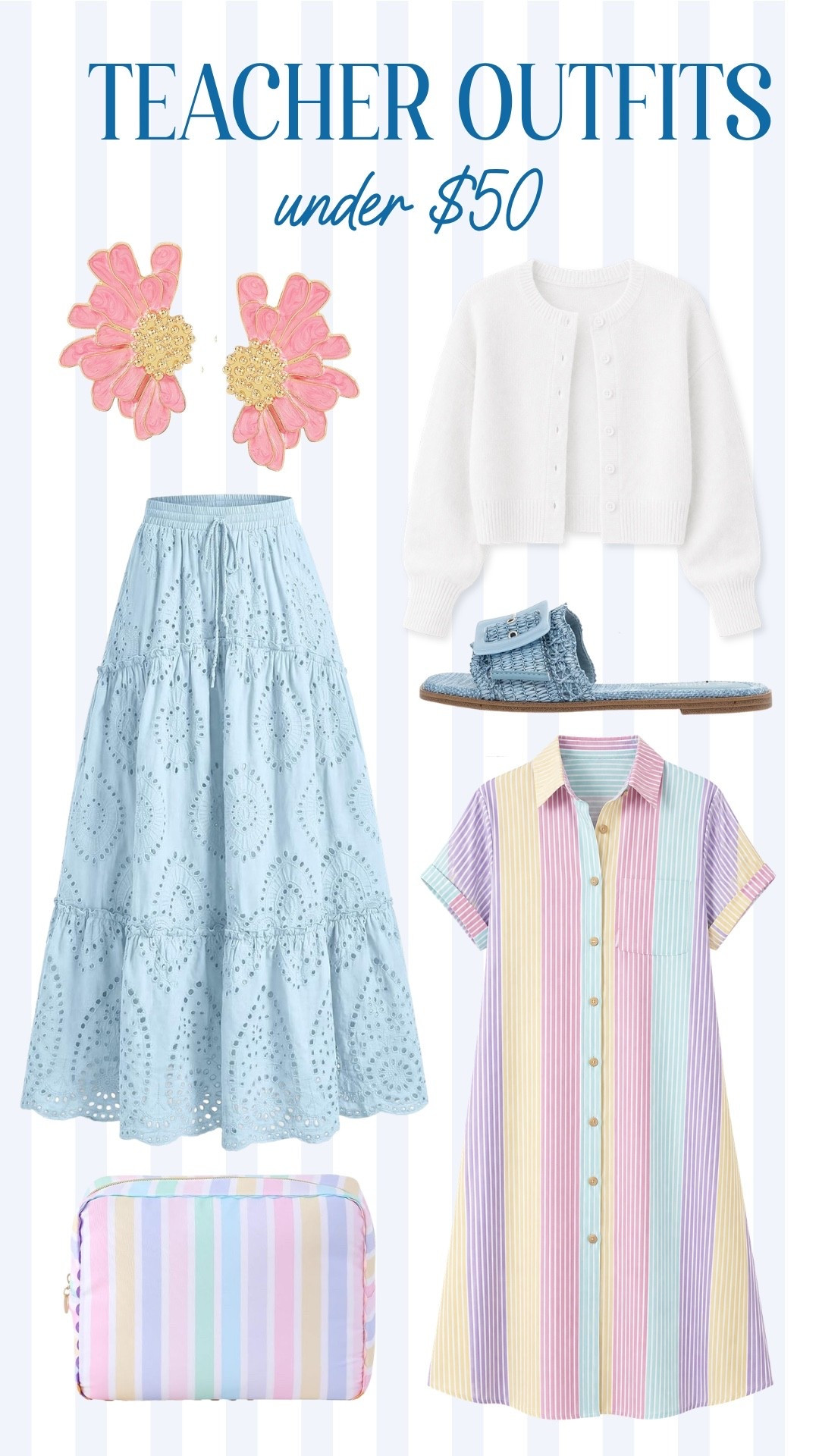 Affordable teacher outfit finds featuring a blue eyelet midi skirt, white cardigan, colorful striped dress, statement earrings and comfortable sandals. Cute classroom-ready pieces to mix and match for back to school!

#LTKootd #LTKSeasonal #LTKWorkwear
