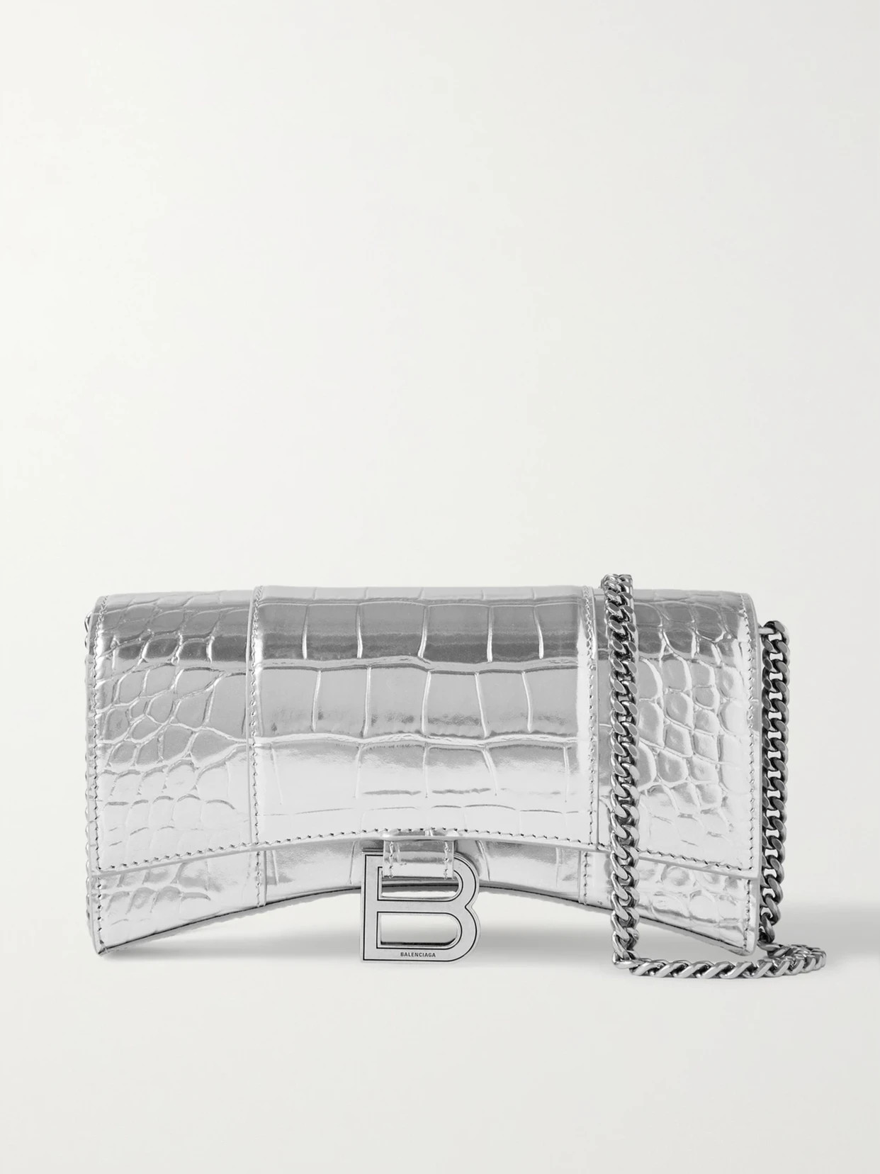 Balenciaga - Hourglass Metallic Croc-effect Leather Shoulder Bag - Silver | NET-A-PORTER (US)