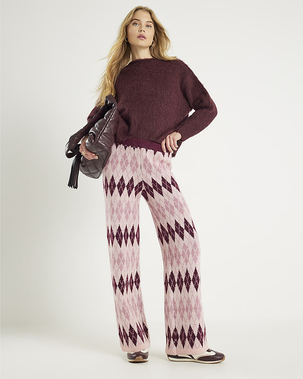 Pink Argyle Knit Trousers | River Island UK & IE