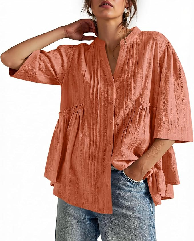 Cicy Bell Womens Peplum Button Down Shirts Summer V Neck Half Sleeve Blouses Dressy Casual Flowy ... | Amazon (US)