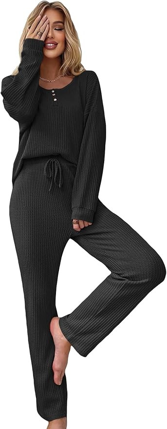WDIRARA Women's 2 Piece Waffle Knit Button Down Long Sleeve Top and Pants Pj Lounge Set | Amazon (US)