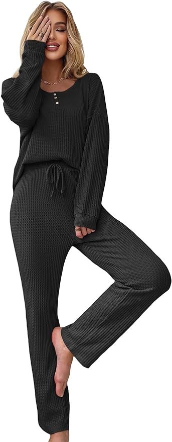 WDIRARA Women's 2 Piece Waffle Knit Button Down Long Sleeve Top and Pants Pj Lounge Set | Amazon (US)