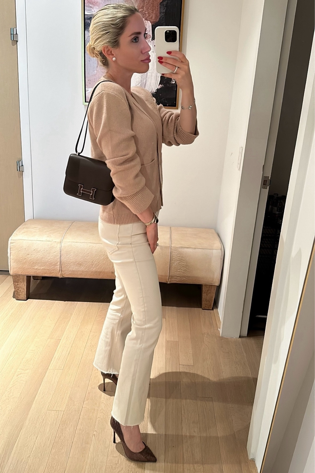 Easy fall look 

Amazon sweater could be mistaken for Khaite

These cream pistola jeans are so comfy & great fit 

Brown pumps are so chic for fall. These are old Sergio Rossi pumps but linking similar.

Hermes Constance bag is one of my faves & such a good investment piece. 

#LTKFindsUnder50 #LTKItBag #LTKSeasonal