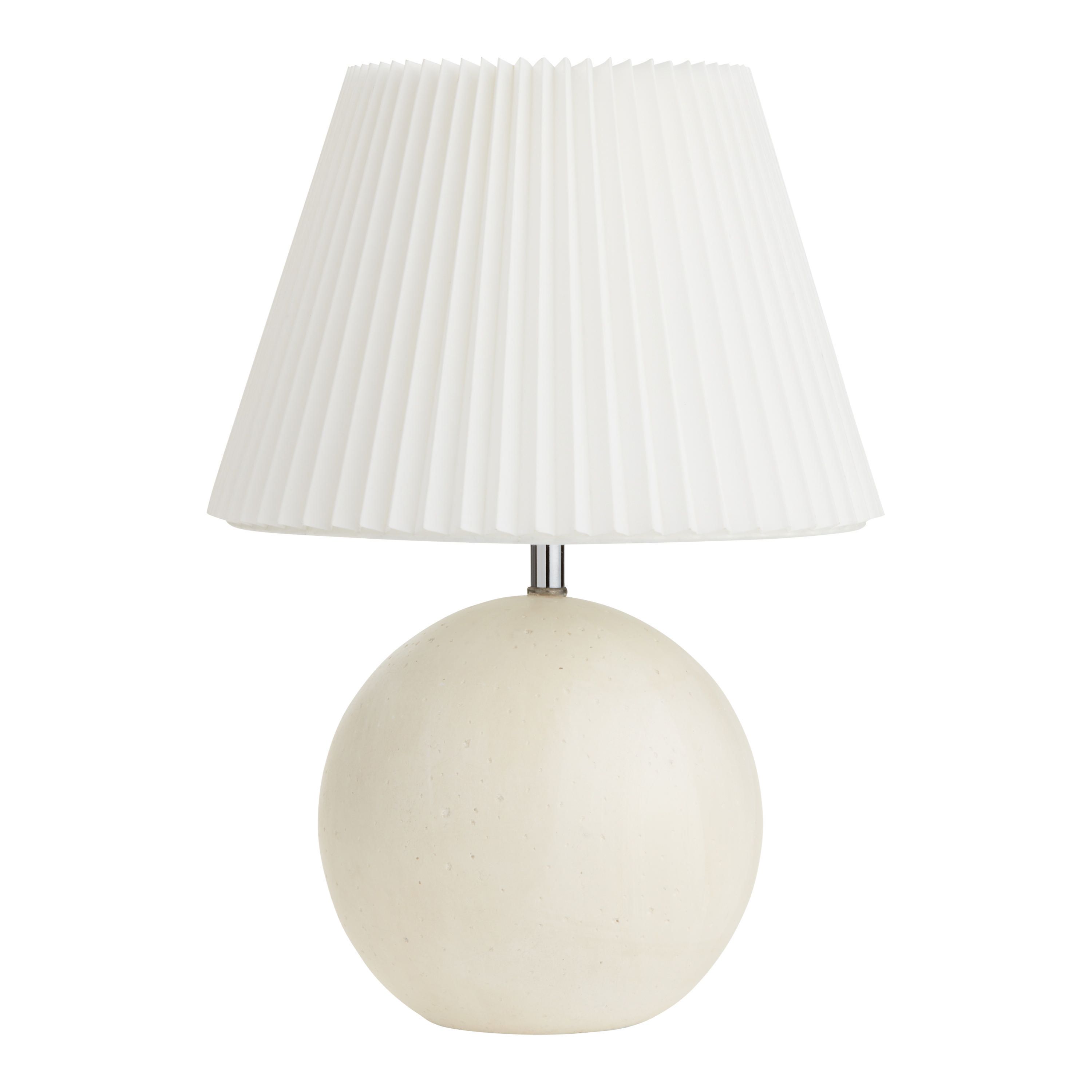 Round White Stone Table Lamp with Pleated Shade | World Market