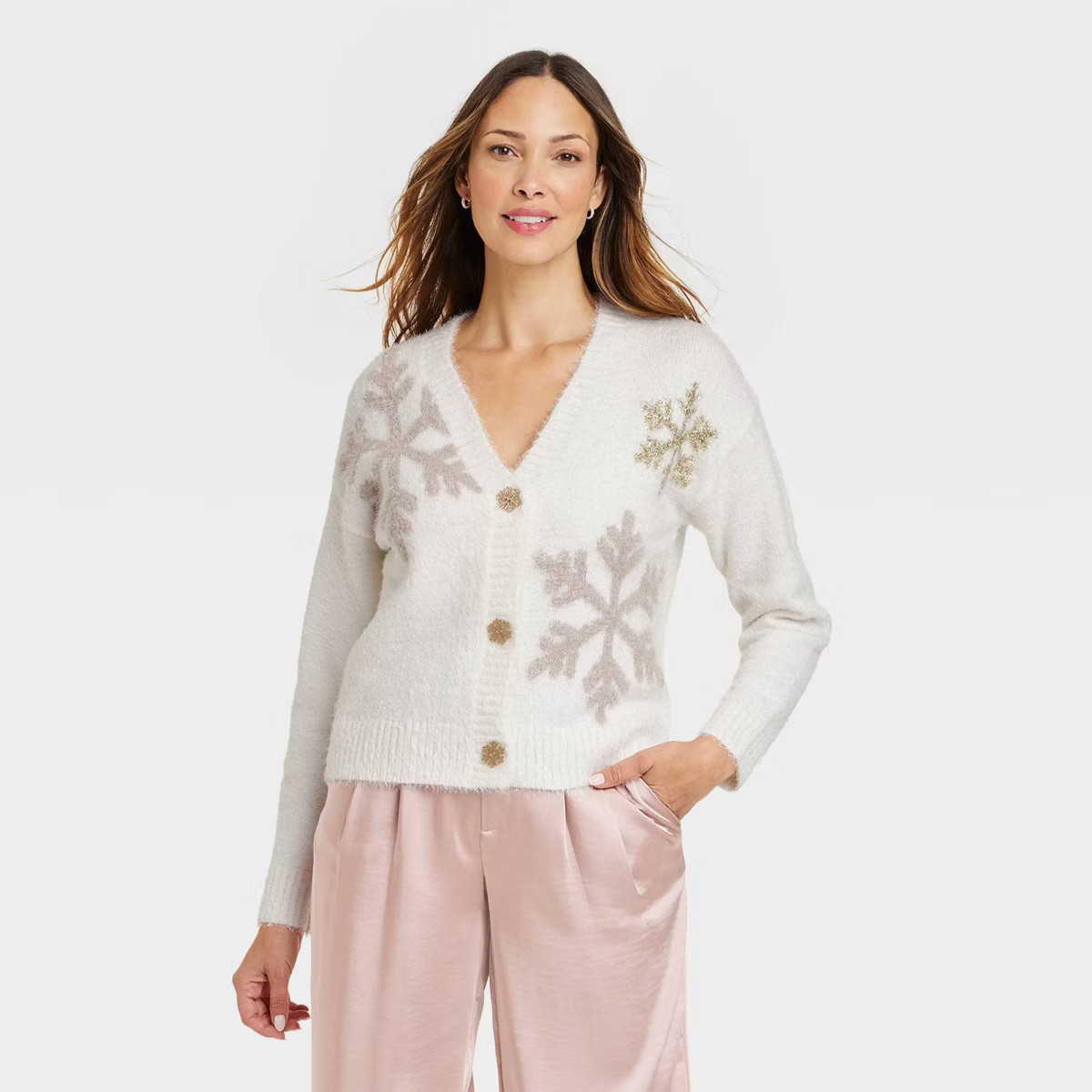 Women's Snowflake Graphic Cardigan - White L | Target