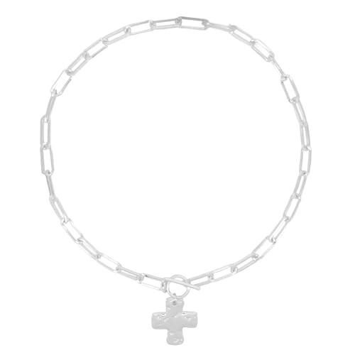 Husykam Gold Chunky Cross Necklace for Women - Statement Layered Hammered Cross Pendant Jewelry with Vintage Toggle Clasp, Bold Paperclip Chain Necklace Gift for Her (Sliver) | Amazon (US)