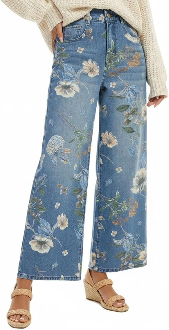 Women's High Waist Wide Leg Floral Printed Jeans Vintage Barrel Denim Pants Y2K Casual Patchwork ... | Amazon (US)