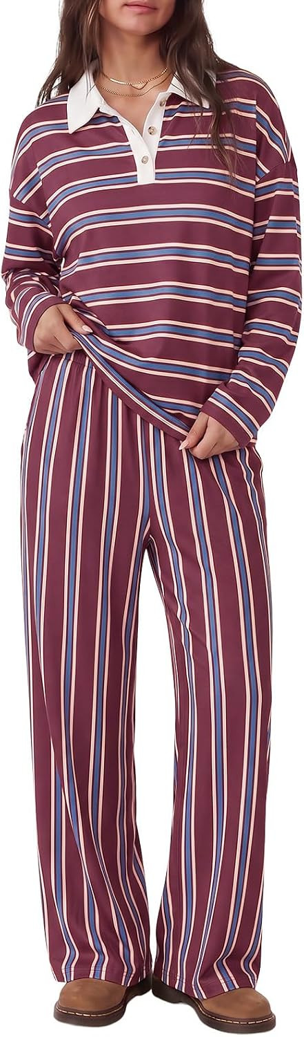 Tankaneo Womens Striped 2 Piece Lounge Sets Long Sleeve Pants Sets | Amazon (US)