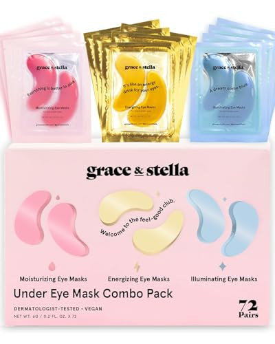 grace & stella Under Eye Mask - Reduce Dark Circles, Puffy Eyes, Undereye Bags, Wrinkles - Gel Under Eye Patches, Bulk Gifts for Women - Vegan Cruelty-Free Self Care (72 Pairs, Gold, Pink, & Blue) | Amazon (US)