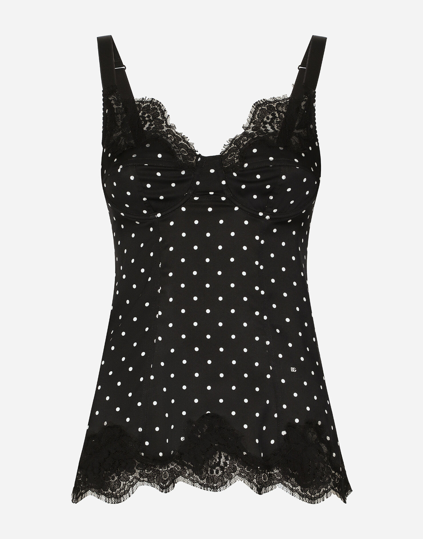 Silk lingerie-style top with polka-dot print and lace detailing | Dolce & Gabbana US