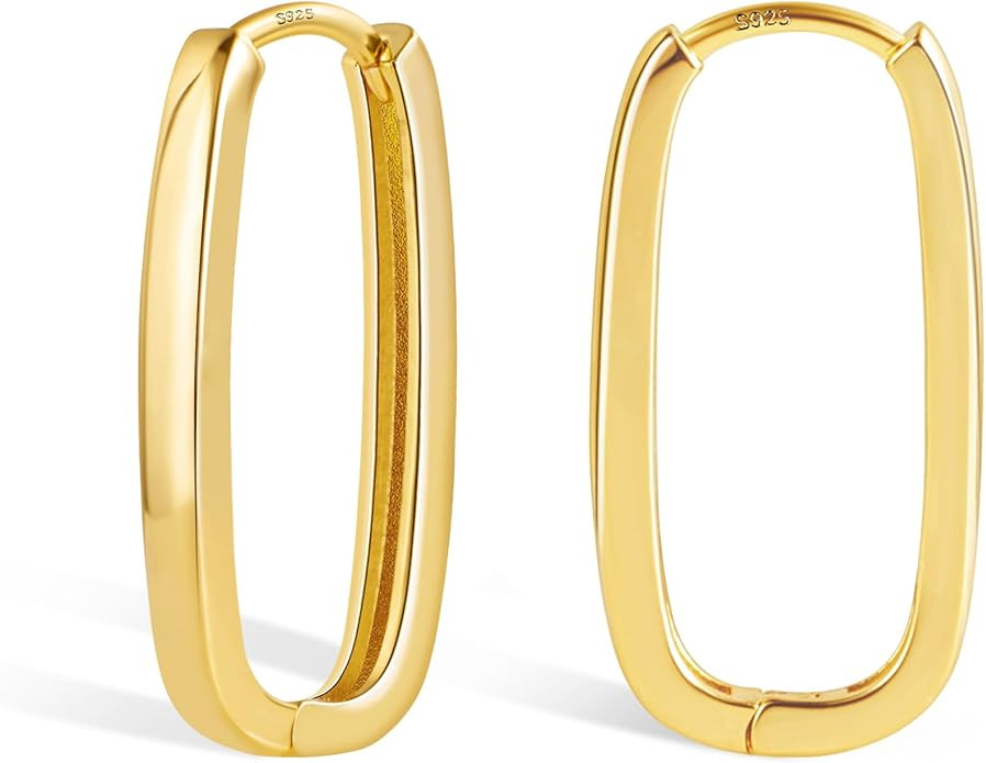 925 Sterling Silver Rectangle Hoop Earrings for Women Silver Geometric Hypoallergenic Oval Hoop E... | Amazon (US)