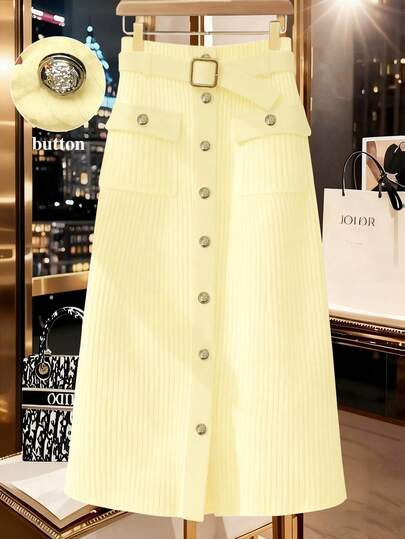 GlowEve CURVE Plus Size Elegant Textured Fabric Jacquard Decorative Button A-Line Skirt Pastel Ye... | SHEIN